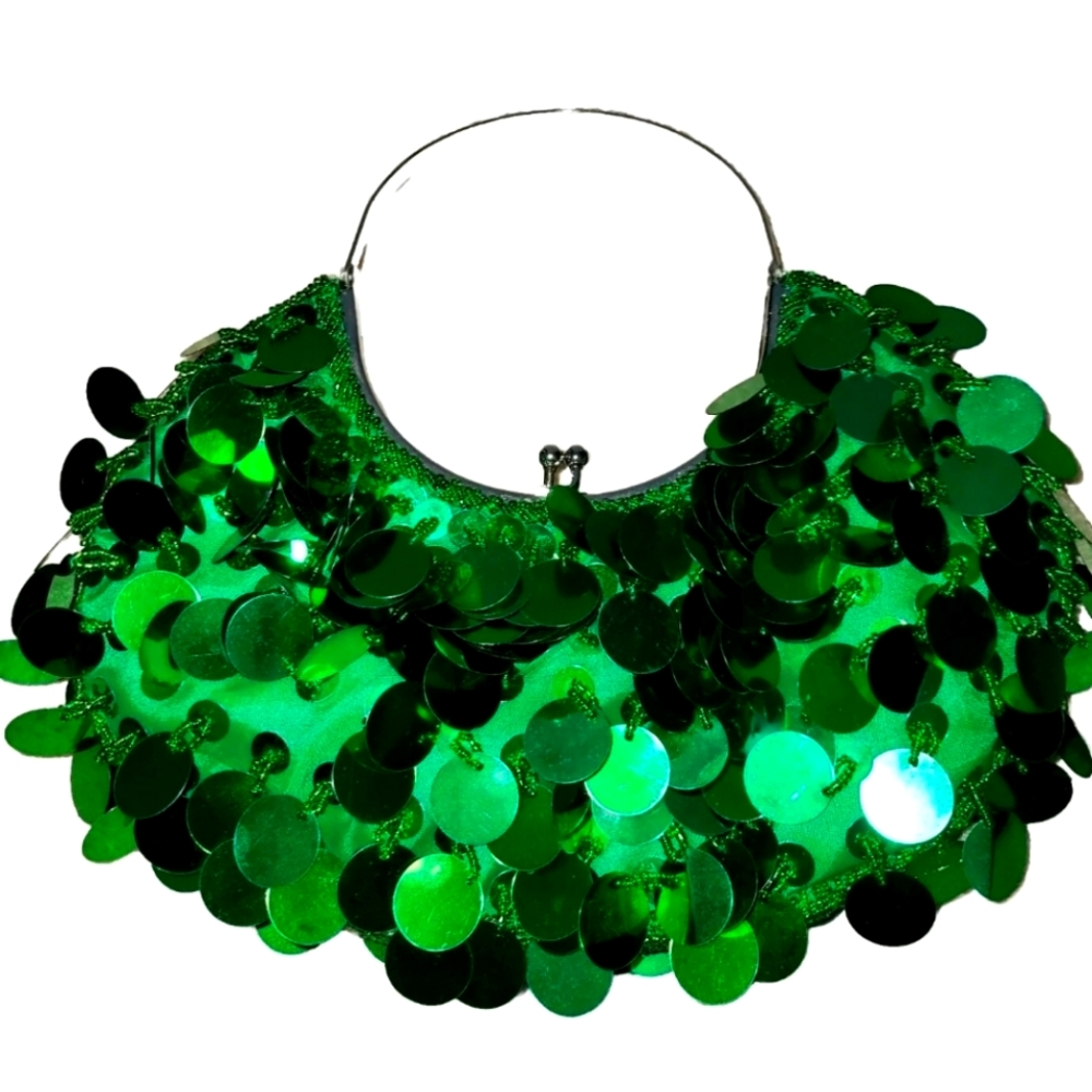 New York & CO Beaded Sequin Green Purse with Metal Handle Evening Bag HTF!